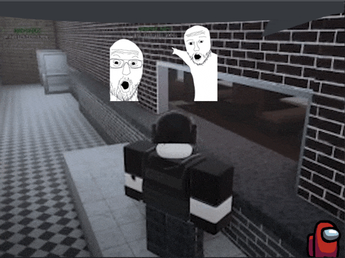 a screenshot of a video game with a red among us character in the corner