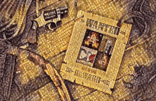 a wanted poster is laying on a mosaic surface