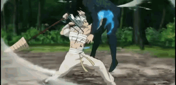 a man is fighting another man with a sword .