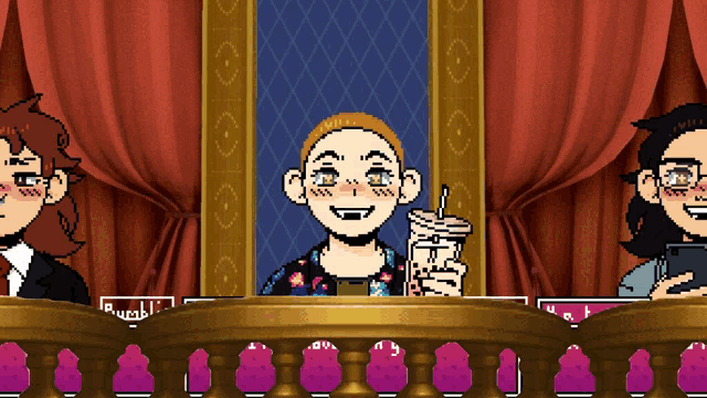 a pixel art drawing of a man holding a drink in front of two other people