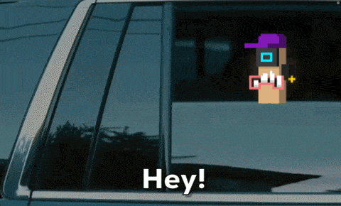 a blue car with a sticker on the window that says hey