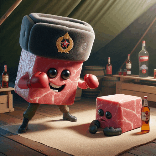 a cartoon illustration of a piece of meat wearing boxing gloves and a russian hat