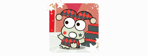 a cartoon frog wearing a jester hat is standing next to some stairs