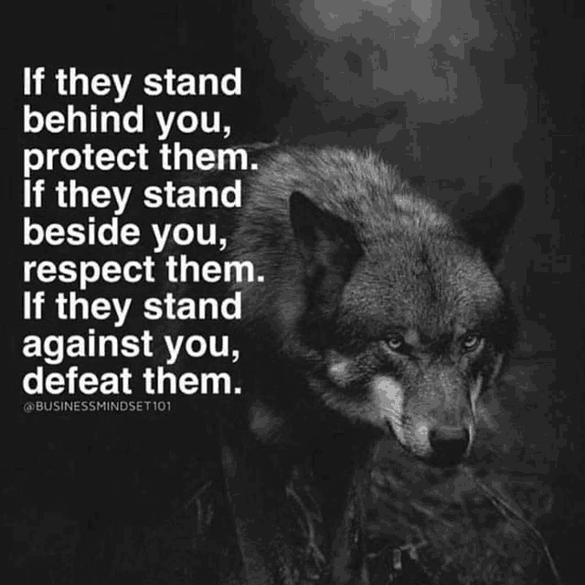 a black and white photo of a wolf with a quote about protecting others