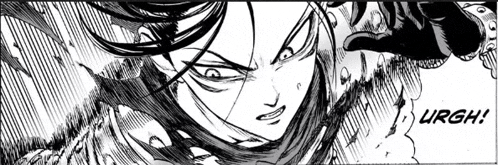 a black and white drawing of a man with long hair and the word urgh on the bottom .