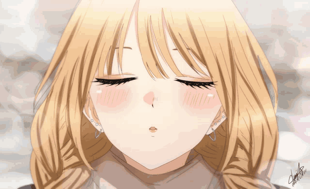 a close up of a blonde anime girl with her eyes closed and the name daniel on the bottom
