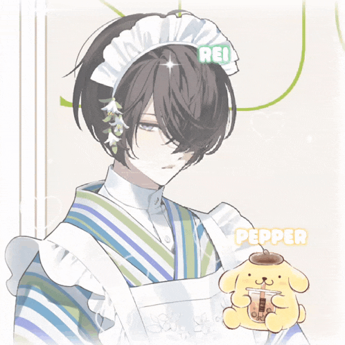 a girl in a maid outfit is holding a pompompurin dog