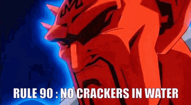 a red cartoon character with the words rule 90 no crackers in water