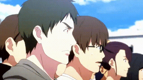 a group of anime characters are standing next to each other and one of them has glasses on .
