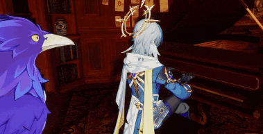 a purple bird is standing next to a man in a blue and white outfit