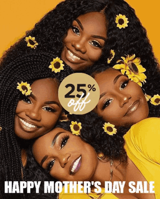 a flyer for mother 's day sale with four women and flowers in their hair