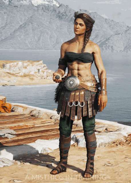 a video game character is standing on a beach with mountains in the background