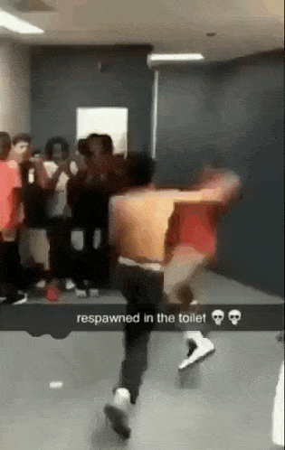 a group of people are dancing in a room with the words respawned in the toilet