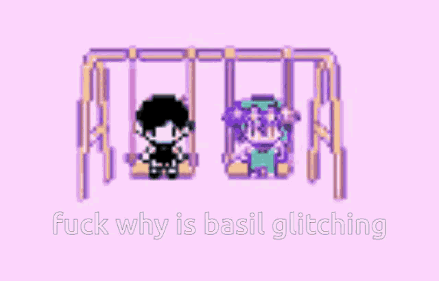 a pixel art of two people sitting on a swing with the words `` fuck why is basil glitching '' .