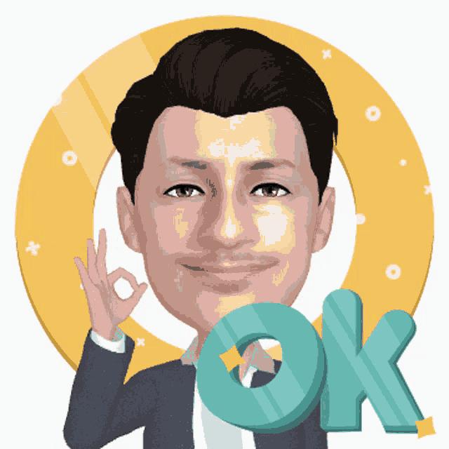 a caricature of a man giving an ok sign with the word ok behind him