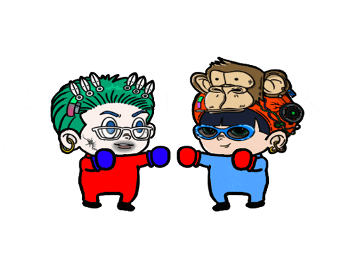 a cartoon of a man with a monkey on his head standing next to another man