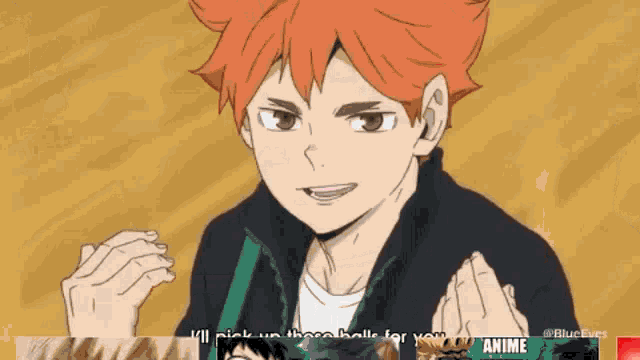 a cartoon of a boy with orange hair and the words i 'll pick up three balls for you on the bottom