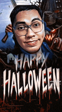 a painting of a man with glasses and the words happy halloween behind him