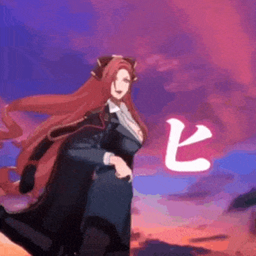 a woman with long red hair is wearing a suit and tie and running .