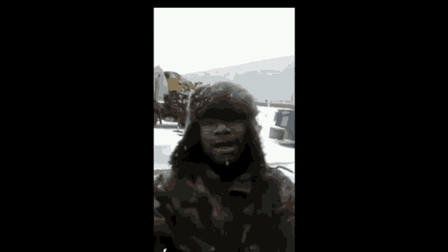 a man wearing a fur hat and a jacket is standing in the snow and talking .