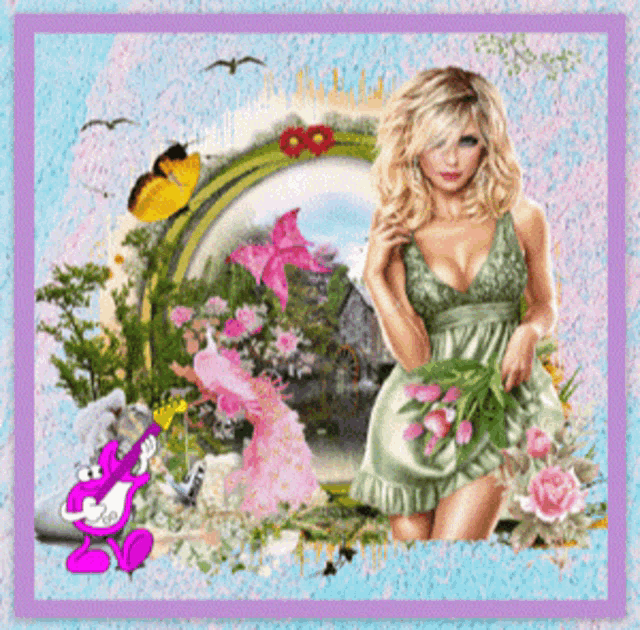 a picture of a woman in a green dress holding a bouquet of flowers