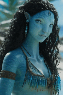 a woman with long blue hair and feathers on her chest