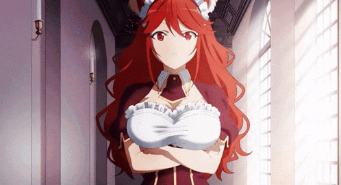 a red haired anime girl wearing a maid outfit