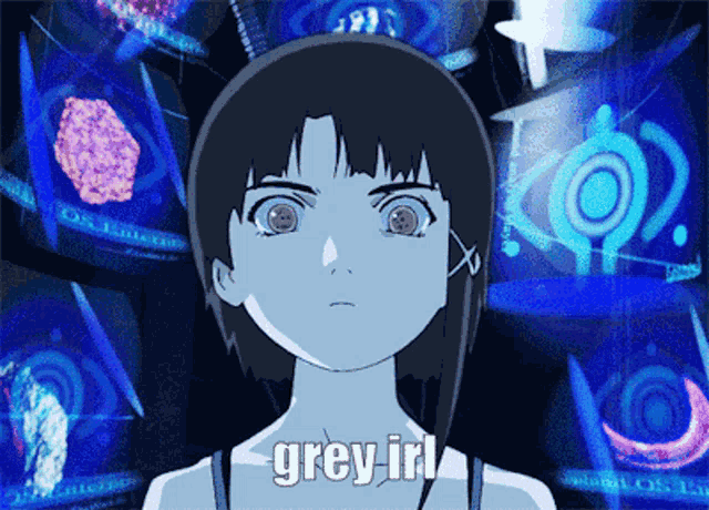 a picture of a girl with the words grey irl on the bottom
