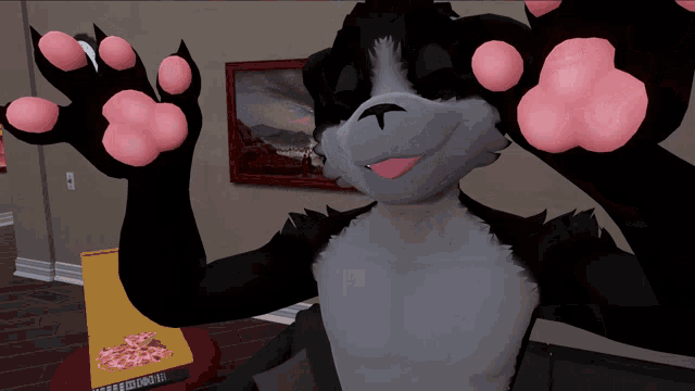 a furry character with pink paws is standing in front of a pizza box