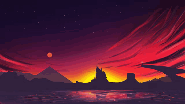 a painting of a sunset with a mountain in the distance