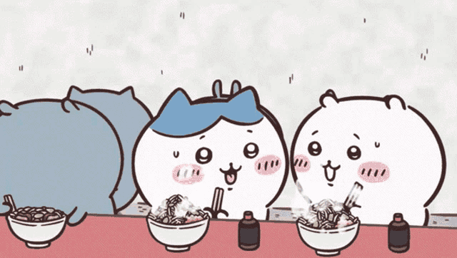 three cartoon characters are sitting at a table eating bowls of food