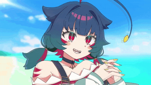 a drawing of a girl with a long tail and red eyes