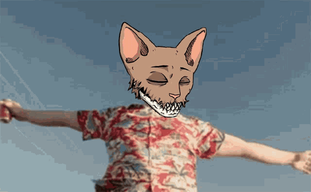 a man with his arms outstretched has a cat mask on his face