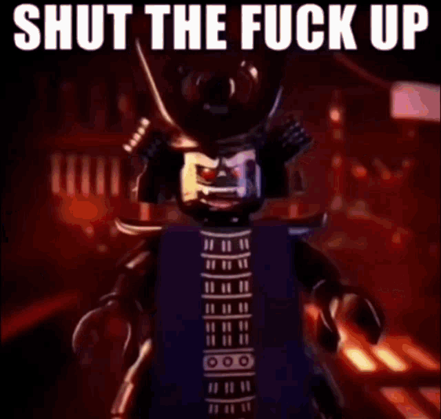 a samurai robot from the lego movie is standing in front of a crowd .