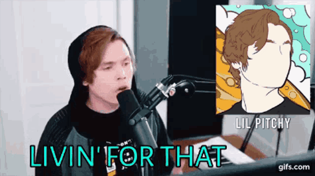a man singing into a microphone with the words livin ' for that written below him