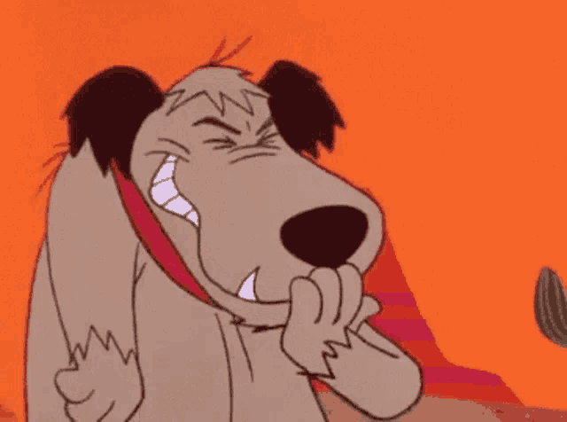 a cartoon dog with a big smile on his face is biting his nails
