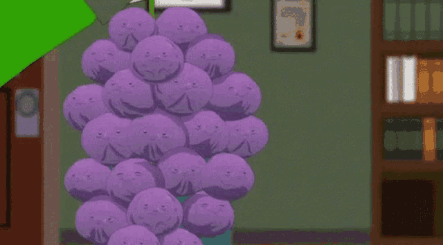 a bunch of purple balls with faces on them and the words " member ghostbusters oh "