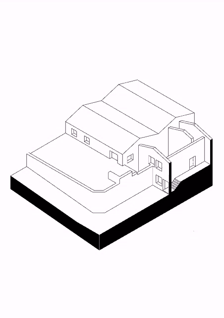 a black and white drawing of a house with a lot of windows and stairs