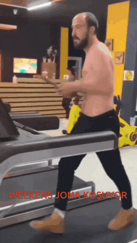 a shirtless man is running on a treadmill with the words weekends jona kosuyor on the bottom