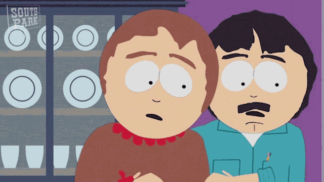 two cartoon characters from south park stand in front of a display of plates