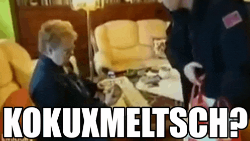 a man is talking to an older woman in a living room with the words " kokuxmeltsch " written above them
