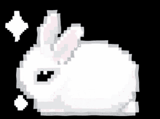 a pixel art of a white bunny with pink ears and the word cute .