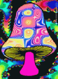 a colorful drawing of a mushroom with a pink top