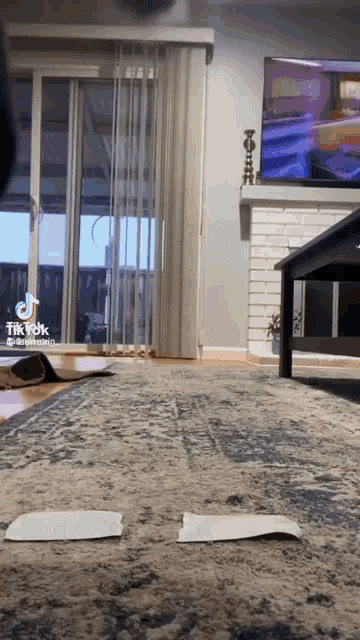 a living room with a tv and a rug and a tik tok logo