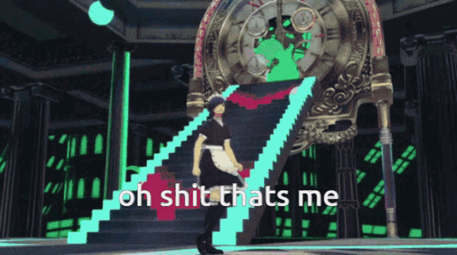 a maid is standing on a set of stairs with the words oh shit thats me above her