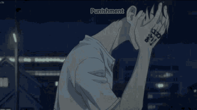 a close up of a man 's face with the word punishment above his head