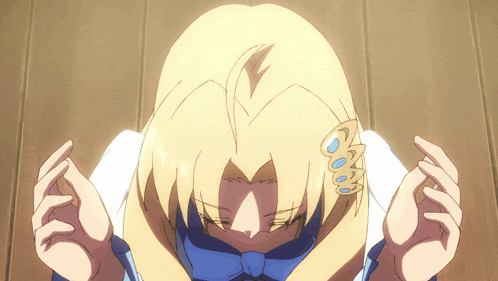 a blonde anime girl with a blue bow on her hair