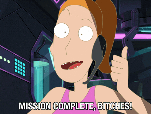 a cartoon of a woman giving a thumbs up with the caption mission complete bitches