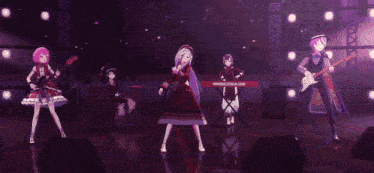 a purple haired anime character wearing a black hat and a vest is dancing on a stage .