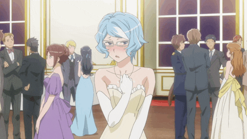 a girl with blue hair is standing in a crowd of people